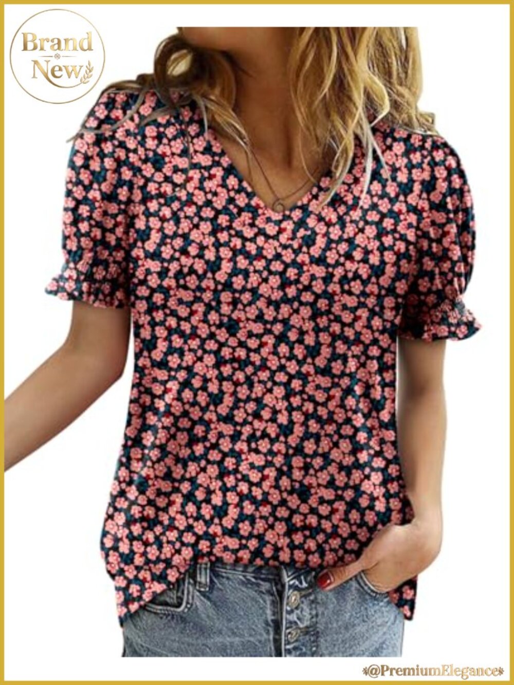 Ruffle Short Sleeve T-Shirt, Knit Loose Fit Casual Blouse, V-Neck Sheer